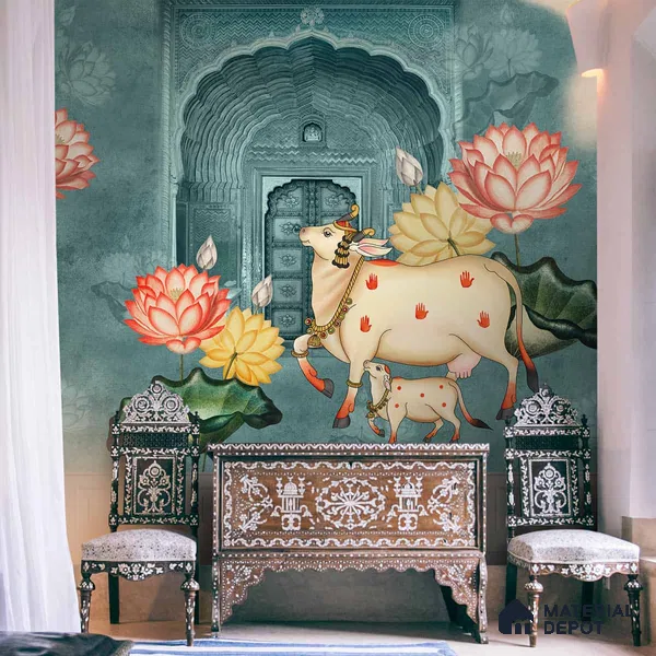 Pichwai Style Blue Wallpaper for Lobby and Temple Walls Indrani Series Canvas Artistic Design (Customised Size Wallpaper )